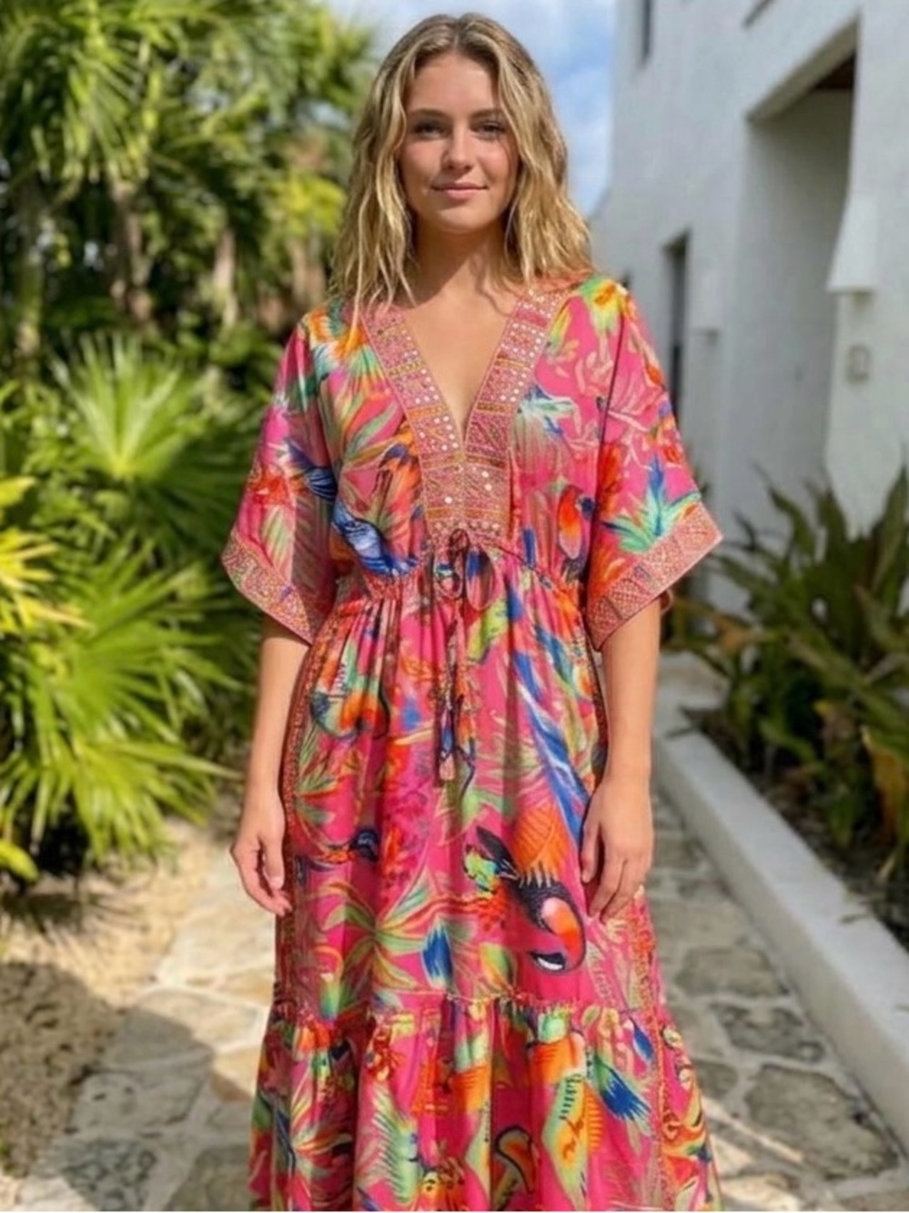 Vibrant Pink Tropical Print Dress